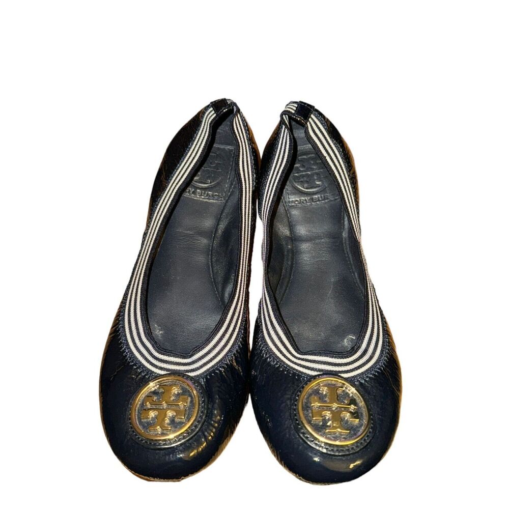 Tory Burch Caroline 2 Naplack Elastic Ballet Flats Women's 6 M Navy Blue Leather